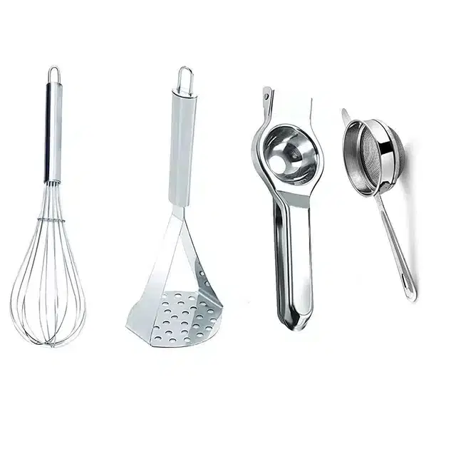 Combo Of Vegetables Masher, Egg Beater Whisk And Lemon Squeezer With Tea Strainer, Pack Of 4, Silver, Free Size, B72