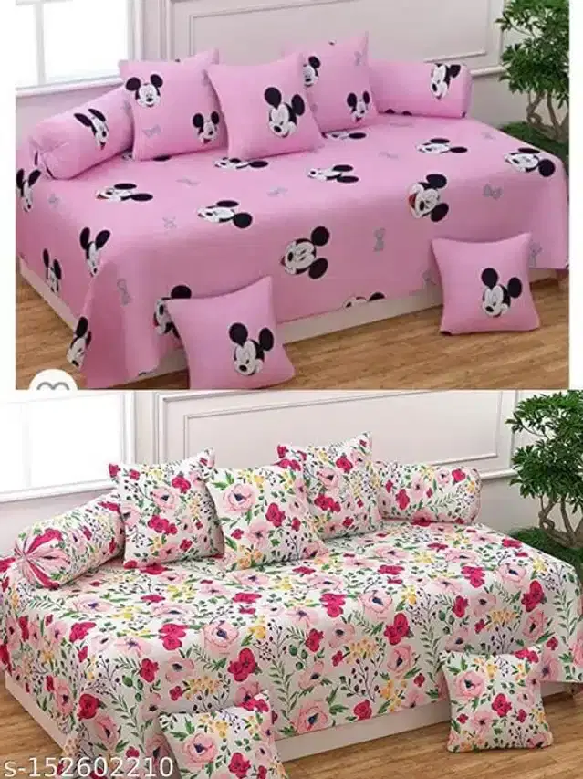 Polycotton Diwan Cover Set, Pink, Combo of 2