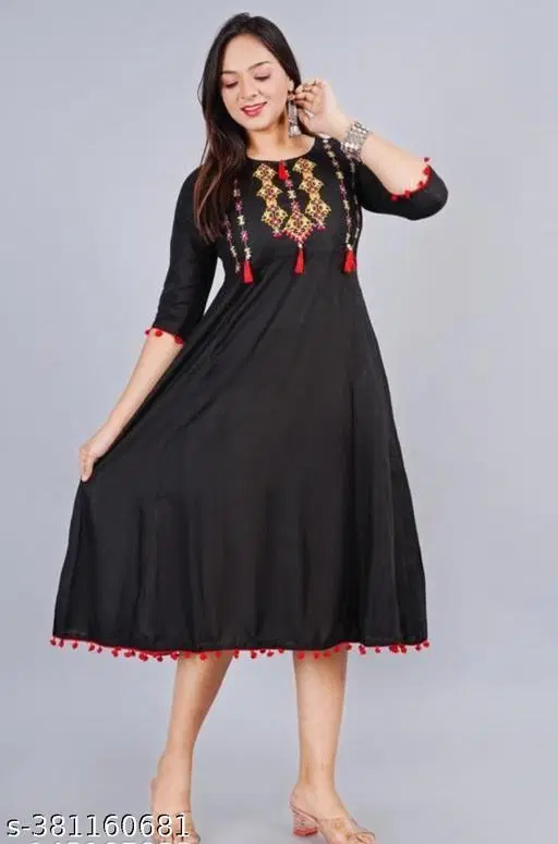 Women Embroidered Rayon Anarkali Kurta, Black (L)