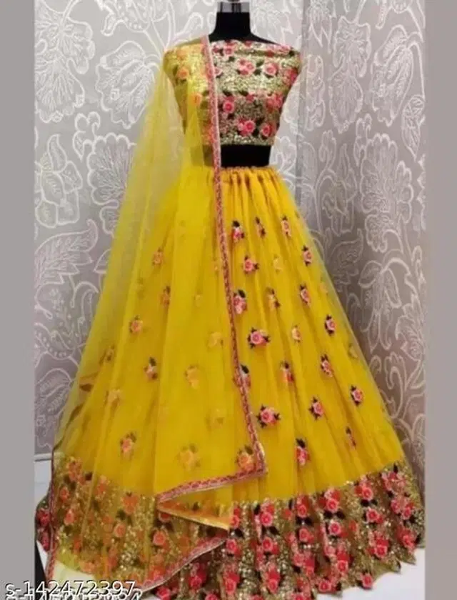 Net Lehenga with Choli & Dupatta for Women (Yellow, Free Size)