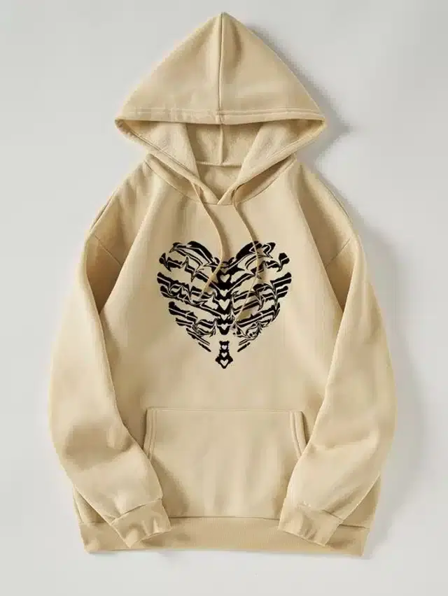 Fleece Self-Design Hoodies for Women (Beige, S)