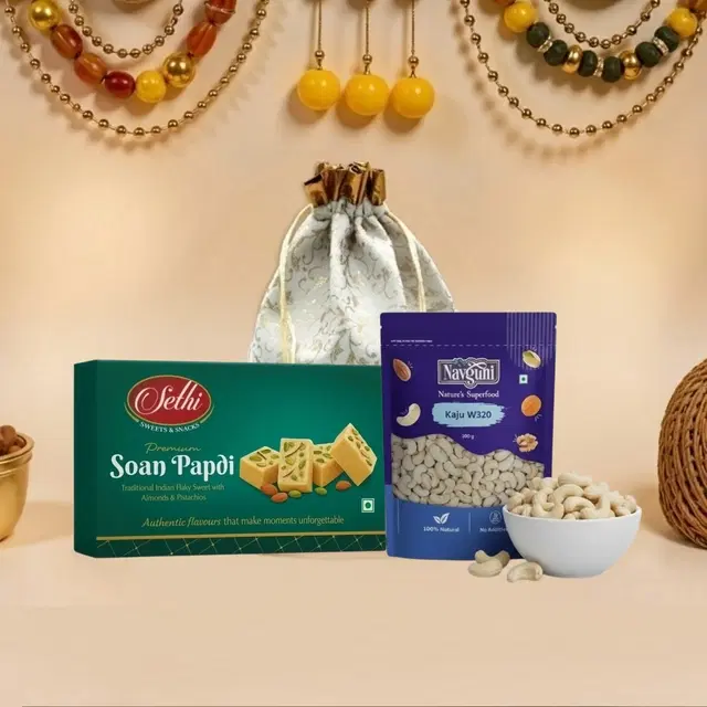 Gift Pack- Sethi Kaju Katli 200 g, Navguni Kaju W320 200 g with Potli
