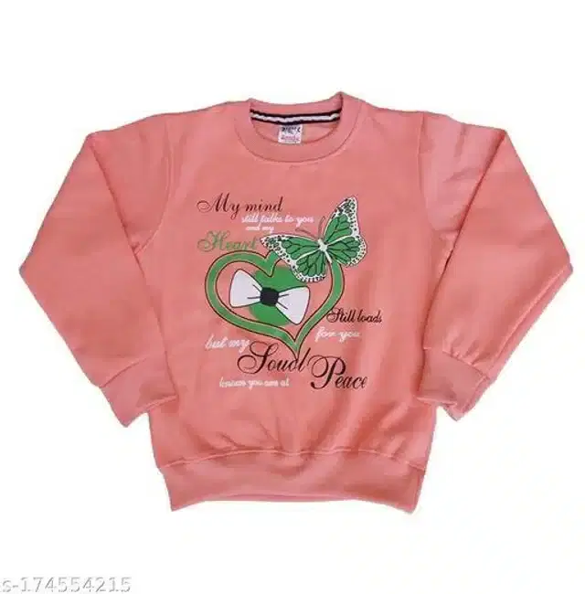 Fleece Printed Full Sleeves Round Neck Sweatshirt for Girls (Peach, 3-4 Years)