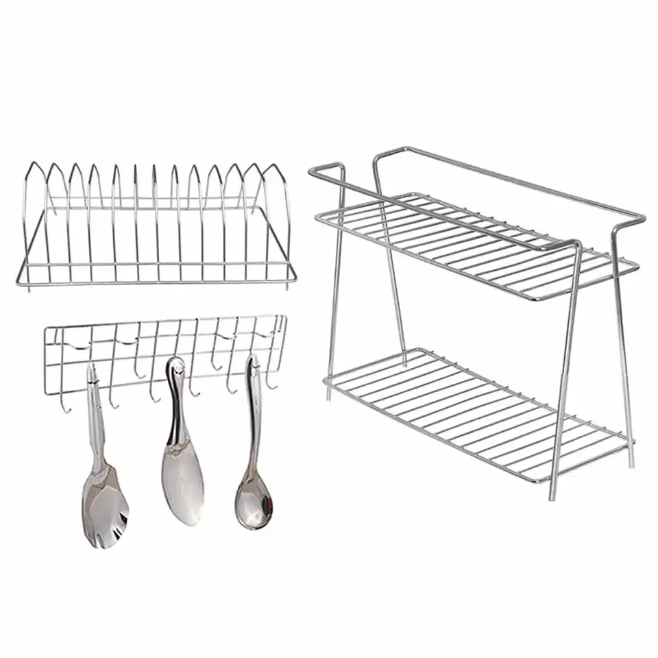 Oc9 Stainless Steel Spice Rack 2 Shelf & Plate Stand & Wall Mounted Ladle Hook Rail For Kitchen, Oc-276