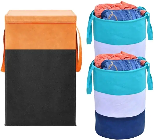 Canvas Laundry Basket,Orange & Green,  (Pack Of 3)