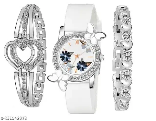 Analog Watch with 2 Pcs Braeclet for Women, Set of 3 (Multicolor)