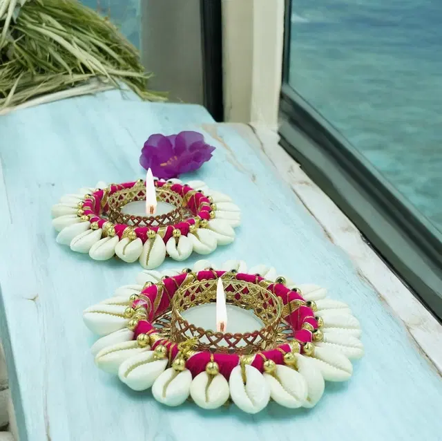 Metal Designer Tealight Candle Holder, Pink, 11x11x2.4 cm, Pack of 2