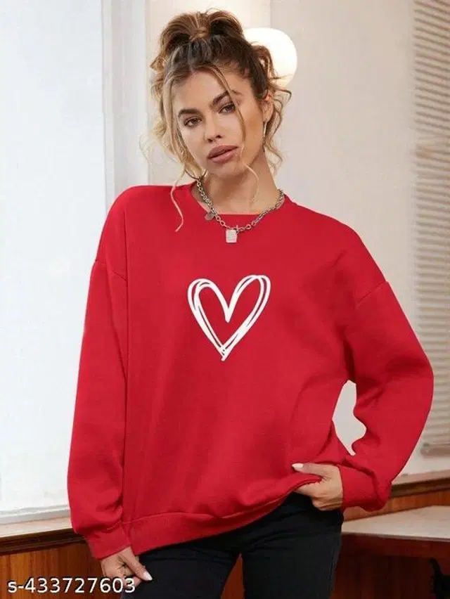 Fleece Printed Sweatshirt for Women (Red, S)