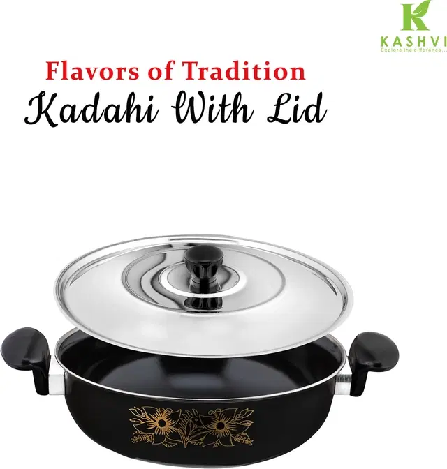 Cast Iron Kadai with Lid, Black & Silver, 28 cm