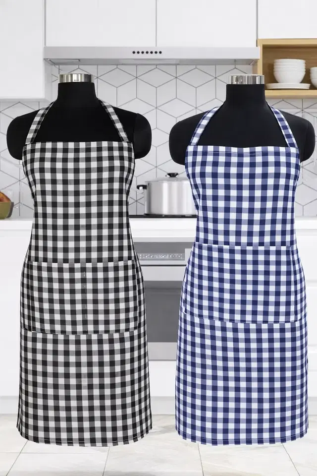 Krishna E Check Aprons  with Pocket Pack Of 2 Blue & Grey