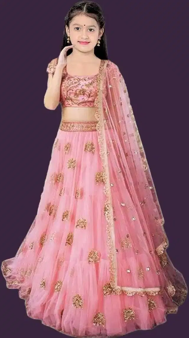 Net Embroidered Semi Stitched Lehenga for Girls (Pink, 5-6 Years)