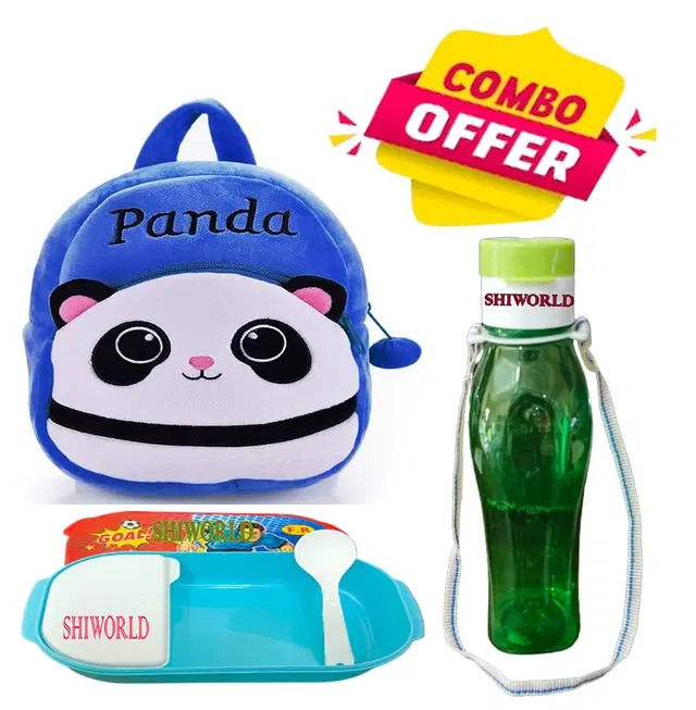 Combo of Fabric School Bag, Water Bottle with Lunch Box for Kids, Multicolor, Set of 3