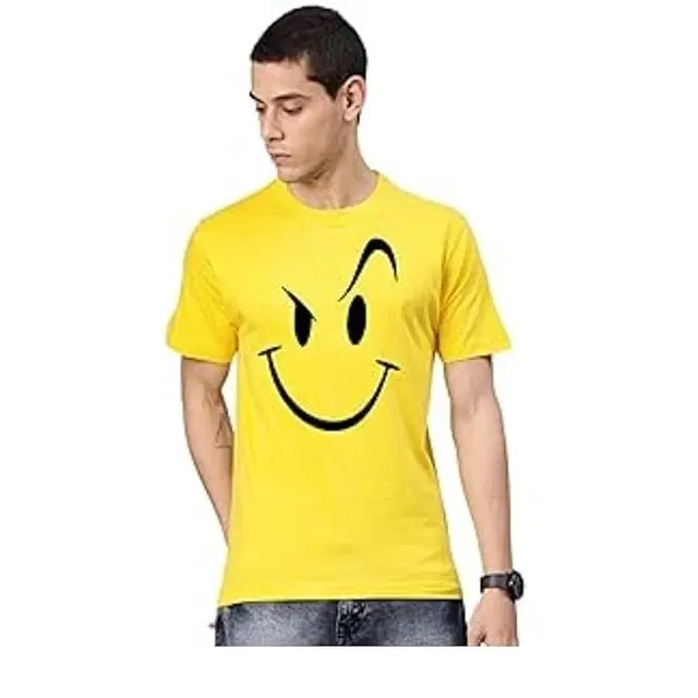 Round Neck Smiley Printed T-Shirt for Men, Yellow (XL)