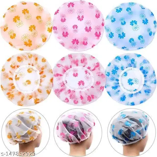 Plastic Waterproof Shower Caps, Multicolor, Pack of 6
