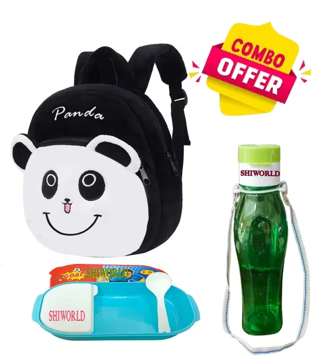 Combo of Fabric School Bag, Water Bottle with Lunch Box for Kids, Multicolor, Set of 3
