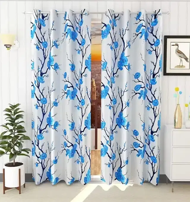 Polyester Printed Window & Door Curtains, Pack of 2, Blue, 7 feet
