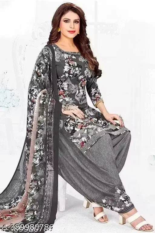 Printed Crepe Unstitched Suit Fabric for Women, Grey (Free size)
