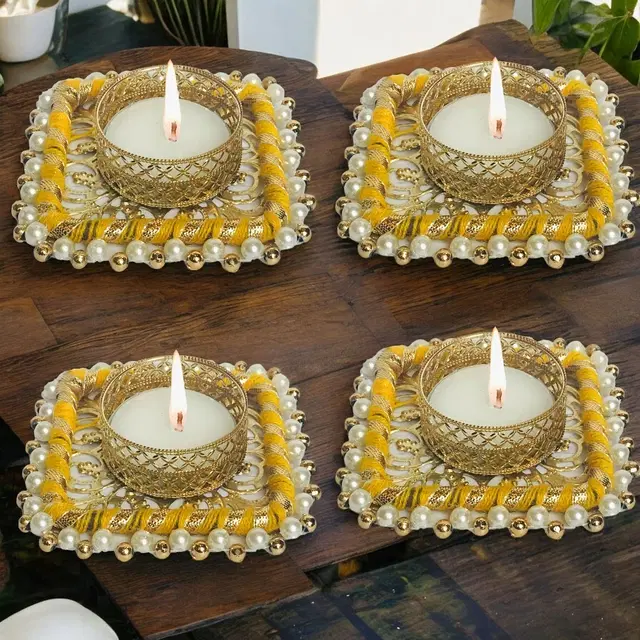 Metal Designer Tealight Candle Holder, Yellow, 8x8x2 cm, Pack of 4