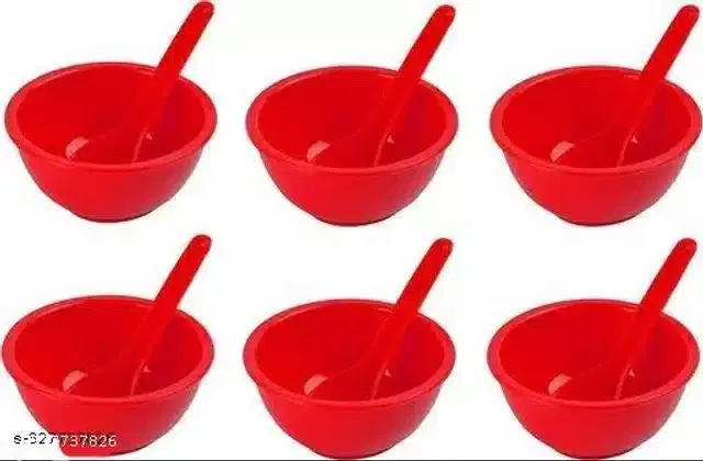 Plastic 6 Pcs Bowls, 250 ml with 6 Pcs Spoons, Red, Set of 2