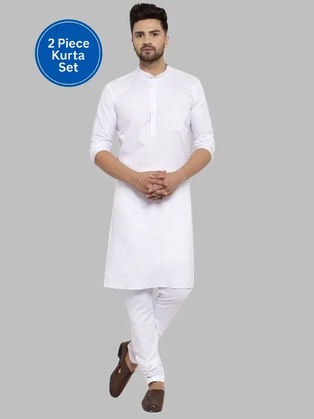 Cotton Blend Solid Kurta with Pyjama Set for Men, White (M)