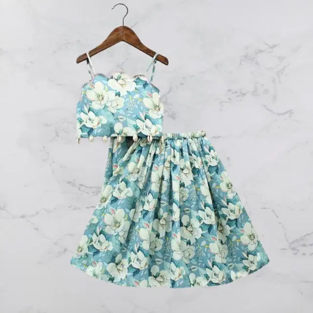 Rayon Printed Lehenga with Choli for Girls (Turquoise, 3-4 Years)
