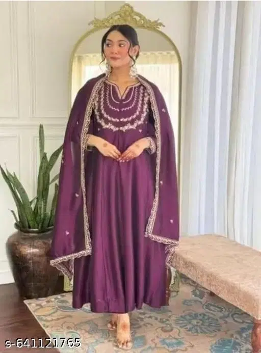 Vichitra Silk Kurta Set for Women (Purple, M)
