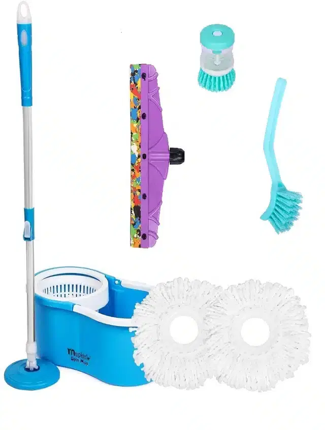 PVC Magic Spin Bucket Mop with 2 Refill & Cleaning Accessories Set, Blue, Set of 4
