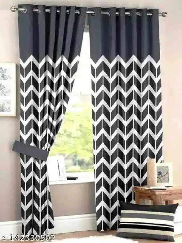 Polyester Window Curtain, Black & White, 5 Feet, Pack of 2