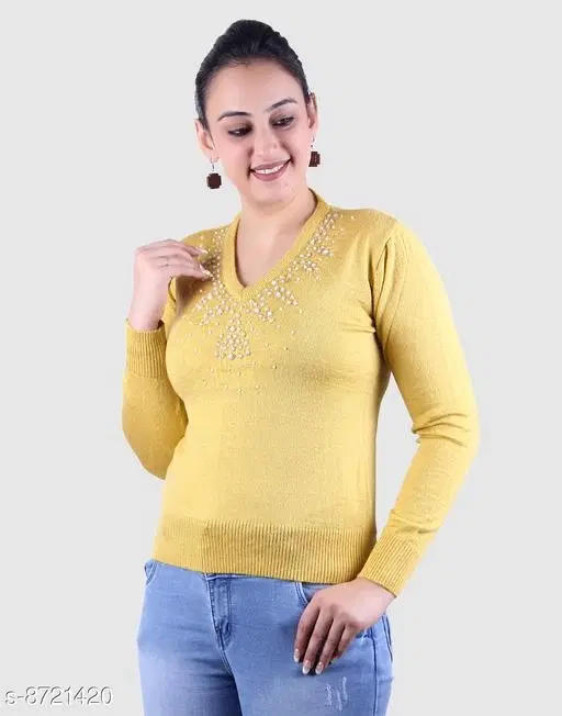 Acrylic Embellished Sweater for Women (Yellow, M)