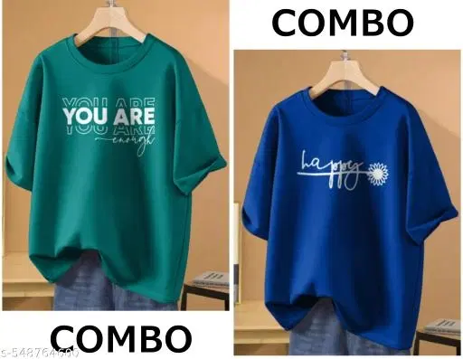 Cotton Blend Printed T-shirt for Women, Green & Blue, Pack of 2 (XL)