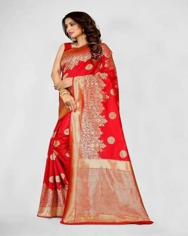 Banarasi Silk Jacquard Embroidery Saree for Women, Red
