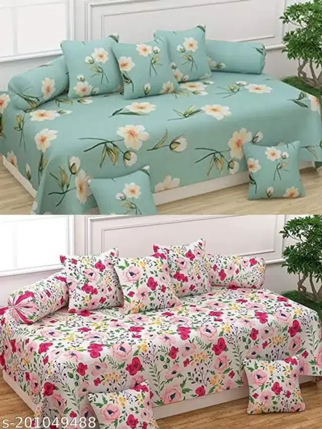 Polycotton Diwan Cover Set, Aqua Green & Pink, Combo of 2