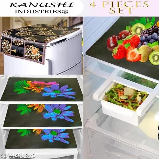 KANUSHI Industries® 1 Pc Fridge Cover for Top with 6 Utility Pockets + 3 Fridge Mats (FRI-BROWN-TREE-TOP+M-24)