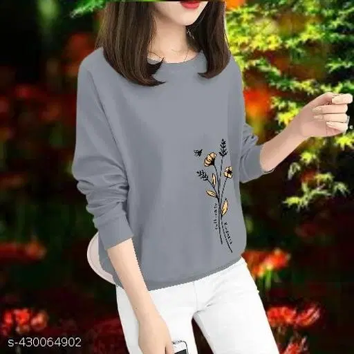 Cotton Printed Sweatshirt for Women (Grey, XS)