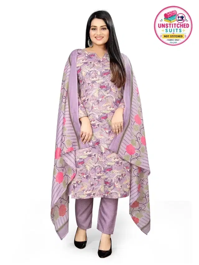 Cotton Blend Floral Print Unstitched Suit with Dupatta for Women, Purple