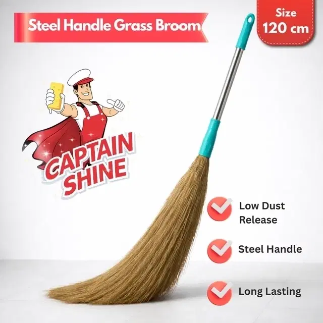 Captain Shine Grass Broom with Steel Handle, 360g [Net], 120cm