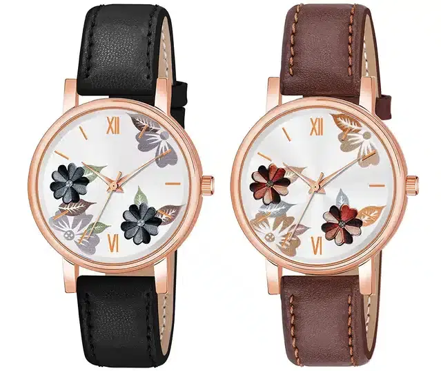 Designer Leather Analog Watch for Women & Girls, Pack of 2 (Black & Brown)