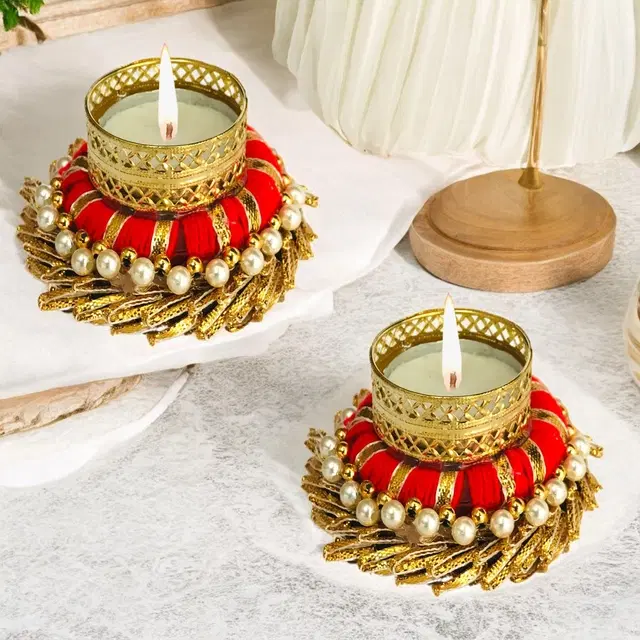 Metal Designer Tealight Candle Holder, Red, 8.5x8.5x3.5 cm, Pack of 2