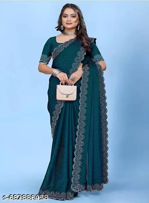 Chiffon Embroidered Saree For Women, Teal
