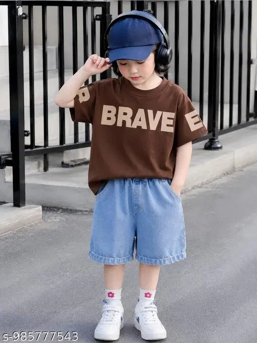 Cotton Top & Denim Shorts Set for Boys (Brown, 4-5 Years)