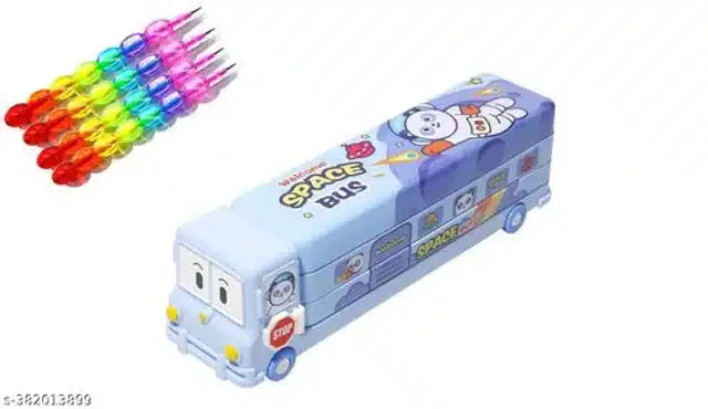 Bus Shaped Pencil Case with 4 Pcs Pencils, Multicolor, Set of 2