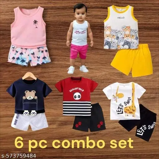 Hosiery Cotton Printed Clothing Set for Kids, Multicolor, Pack of 6 (0-3 Months)