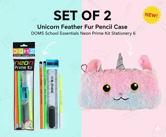 Unicorn Feather Fur Pencil Case and DOMS School Essentials Neon Prime Kit Stationery Kit 6 Assorted Items (Set of 2)Multicolor