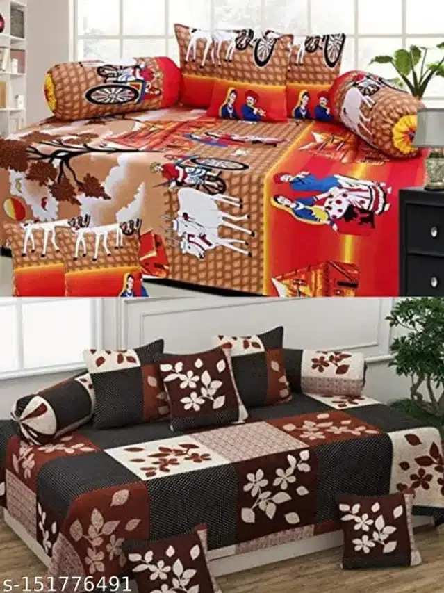 Polycotton Diwan Cover Set, Multicolor, Combo of 2