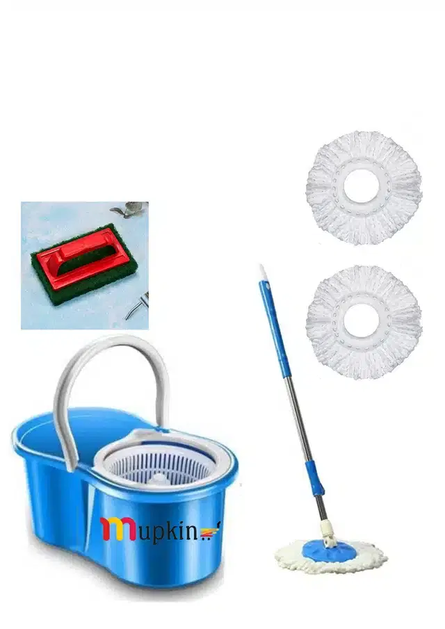 PVC Magic Spin Bucket Mop with 3 Refills & Cleaning Brush Set, Blue, Set of 2