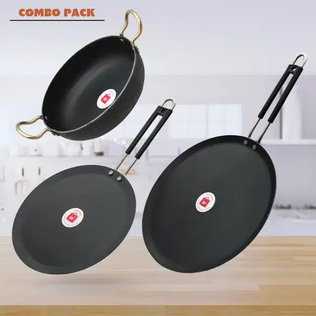 Frying Pan & Tawa Set, Pack of 3, Black, 1200 ml