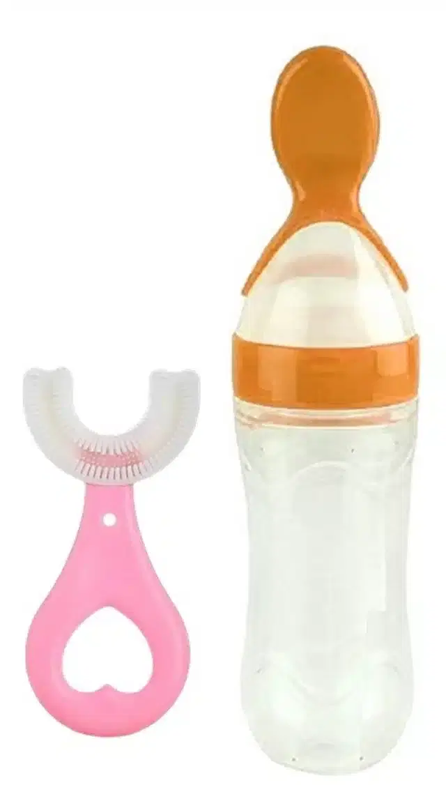 Silicone Baby Feeder Sipper, 90 ml with U-Shape Brush, Orange & Pink, Set of 2