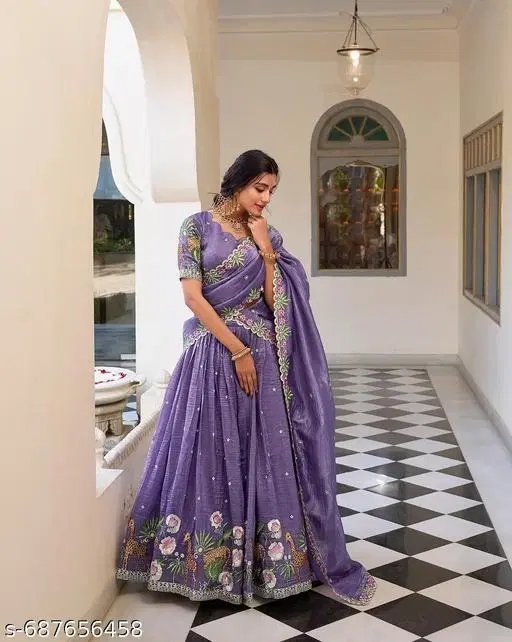 Embroidered Lehenga Choli for Women (Lavender, Free Size)
