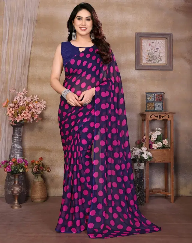 Georgette Saree for Women, Polka Dot (Navy, Free Size)