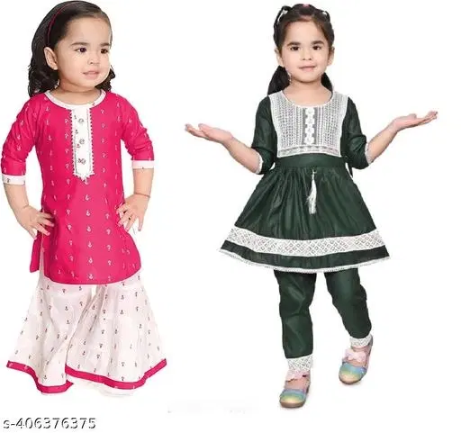 Rayon Kurta Set for Girls, Pack of 2 (Multicolor, 12-18 Months)
